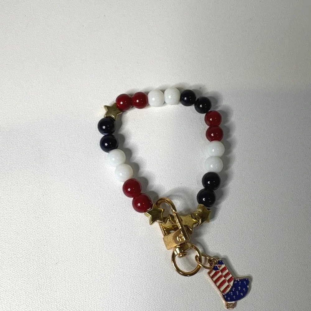 Patriotic Red White Blue Beaded Bracelet Gold Star Cowboy Boot Charm Americana